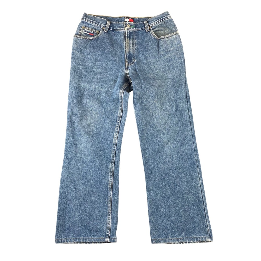 Vintage Tommy Jeans Mens 31x30 Blue Straight Leg Flag Logo 90s Hip Hop Denim